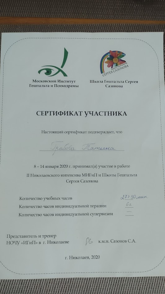 Сертифікат учасника інтенсива в Миколаєві 2020 рік